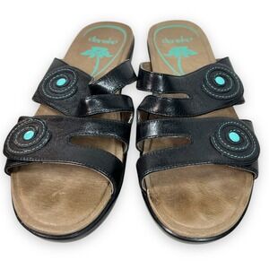 Dansko Sandals Women 37 Dixie Slide Black Leather Turquois Comfort Slip On Wedge